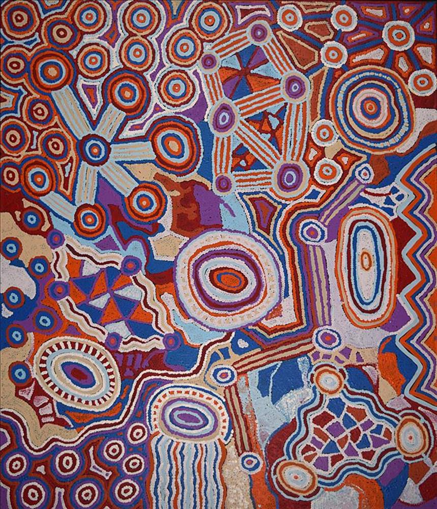 “Ngapa Jukurrpa (Water Dreaming) - Puyurru” ,  Agnes Nampijinpa Brown,  Acrylic on canvas,  40” x 36”,  2017