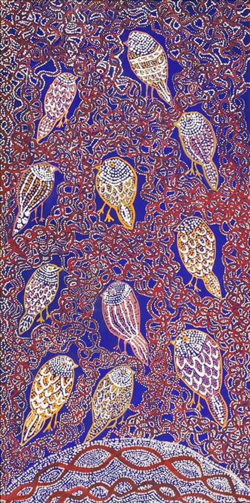 “Ngalyipi Jukurrpa / Snake Vine Dreaming, Purturlu” Geraldine Napangardi Granites  Acrylic on canvas 36 x 18” 2020