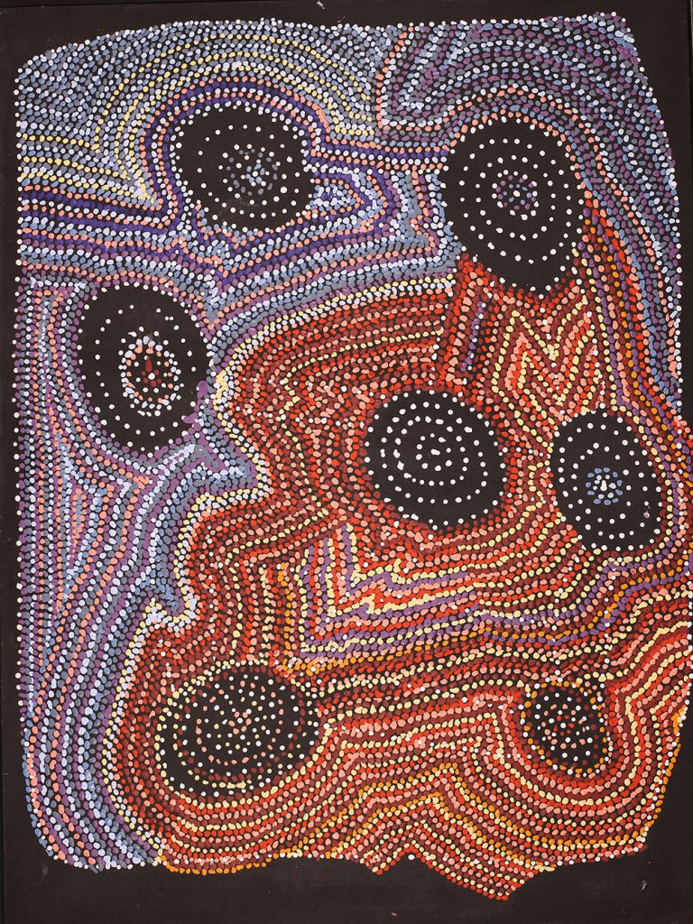 “Mina Mina Jukurrpa (Mina Mina Dreaming)” Jeanie Napangardi Lewis Acrylic on canvas 48” x 36” 2020