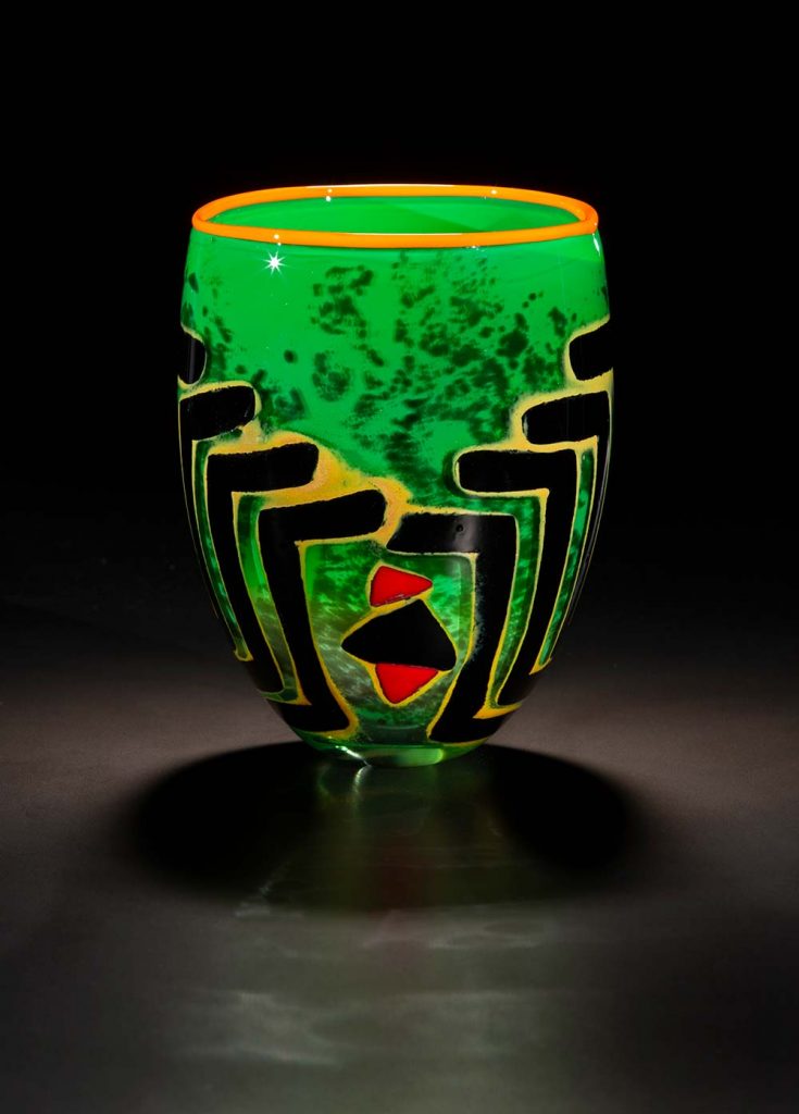 “Basket Design bowl” Lillian Pitt, glass by Dan Friday Blown glass 8 1/2”h x 6”d 2019