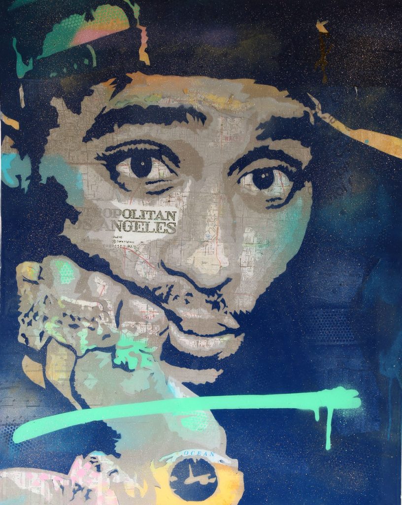 “Something from Nothing / Tupac” Mixed media on board 30” x 24 1/4” 2020