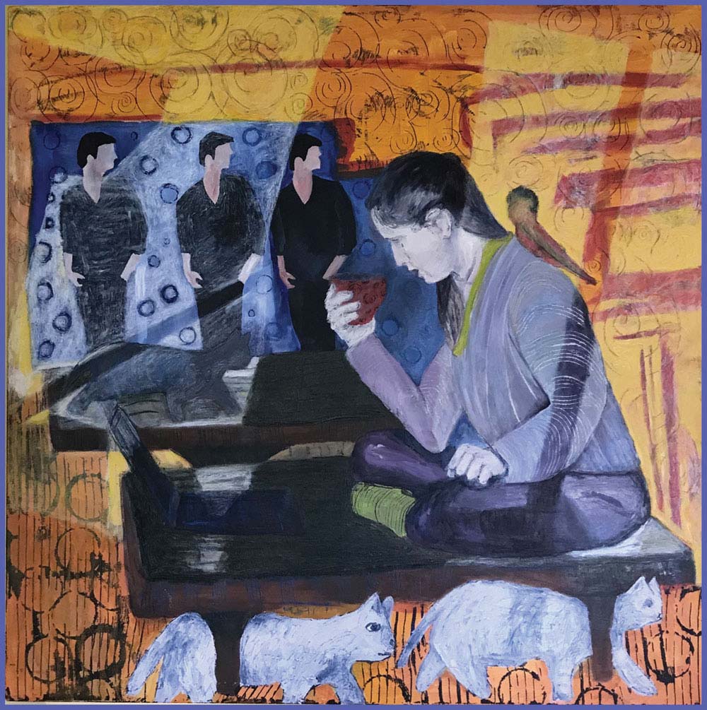 “Working From Home” casein paint, cold wax resist on canvas 48” x 48” 2020