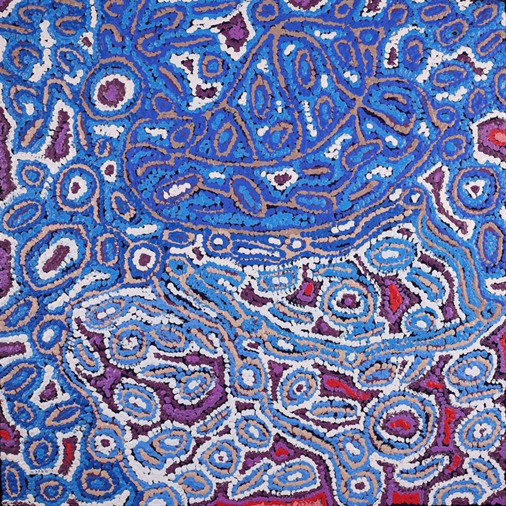 ”Lappi Lappi Jukurrpa/Lappi Lappi Dreaming” Magda Nakamarra Curtis Acrylic on canvas 24” x 24”