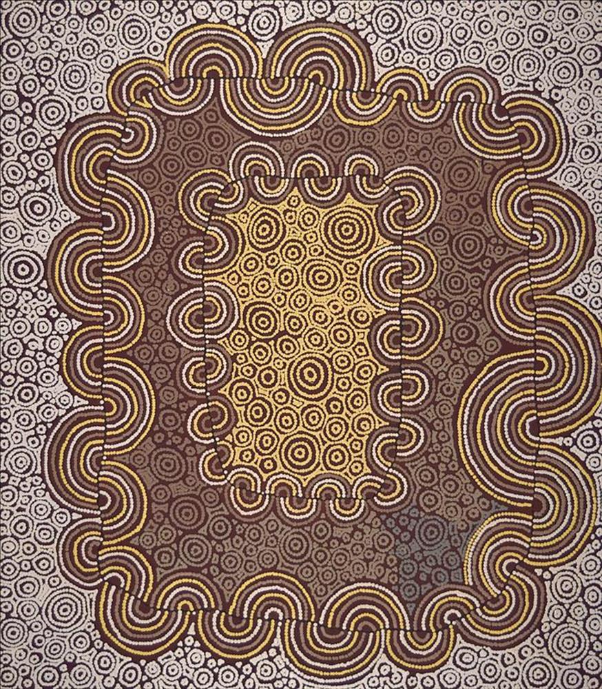 “Mina Mina Jukurrpa/Mina Mina Dreaming, Ngalyipi” Christine Nakamarra Curtis Acrylic on canvas 48” x 40”