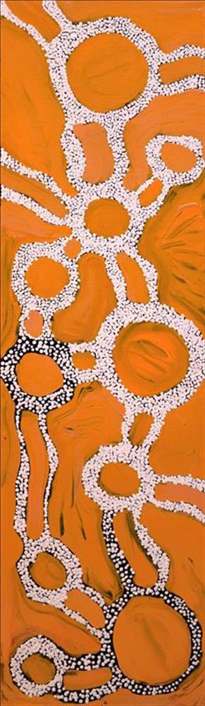 ”Ngapa Jukurrpa/Water Dreaming, Puyurru” Bess Npanangka Poulson Acrylic on canvas 42” x 12”