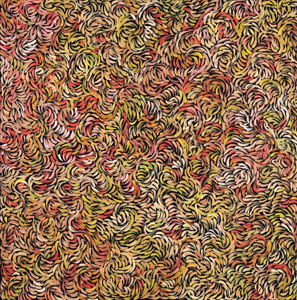 “Purrpalanji Jukurrpa (Skinny Bush Banana Dreaming)” Nola Napangardi Fisher Acrylic on canvas, 30” x 30” 2021
