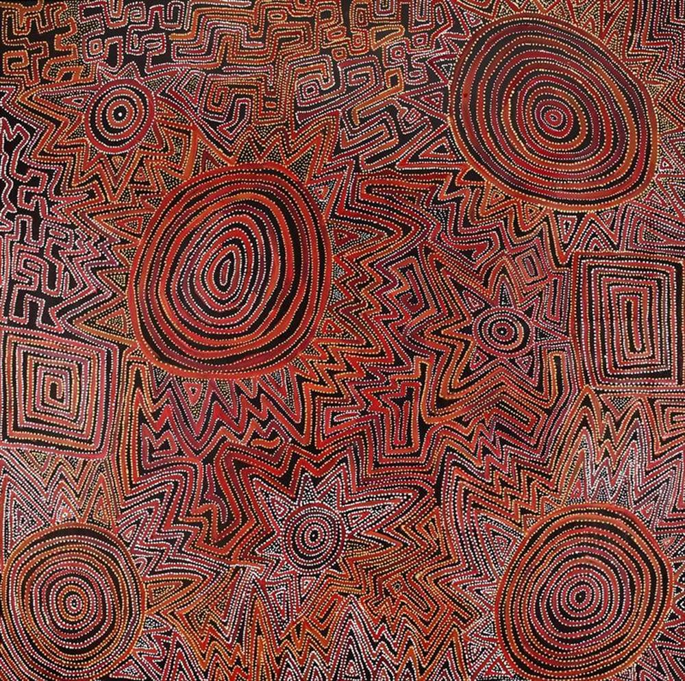 “Lukarrara Jukurrpa (Desert Fringe-rush Seed Dreaming)” Pauline Napangardi Gallagher acrylic on canvas, 48” x 48” 2021