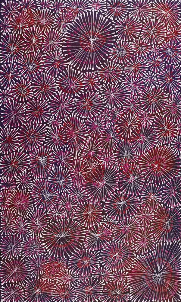 “Jitilypuru Jukurrpa (Red Mallee Flower Dreaming)” purple version Sylvaria Napurrurla Walker Acrylic on canvas, 30” x 18” 2021