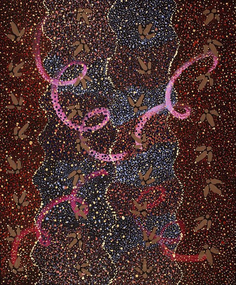 "Yankirri Jukurrpa - Emu Dreaming, Ngarlikirlangu” Lloyd Jampijinpa Brown. Acrylic on canvas 36” x 30”