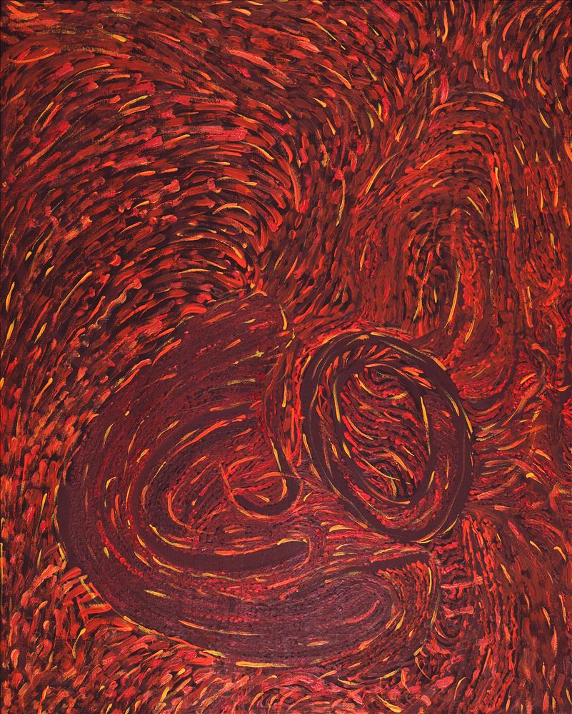 "Wardapi Jukurrpa - Goanna Dreaming, Yarripilangu" Tess Napaljarri Ross. Acrylic on canvas 30” x 24”