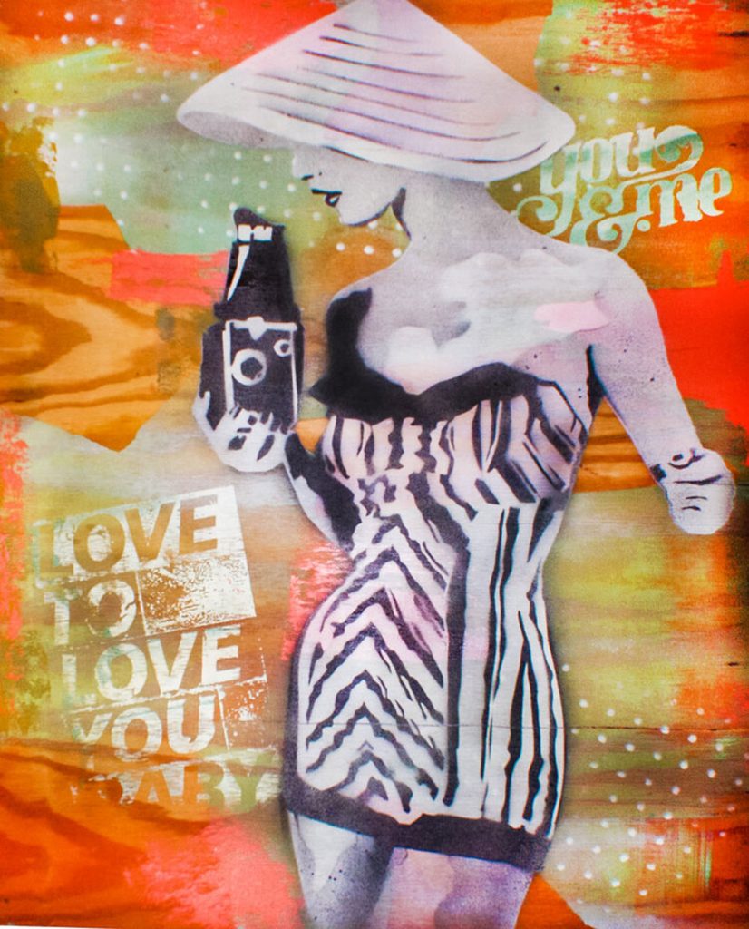 “Love to Love You Baby” © 2019. Mixed media on board, 48” x 36”