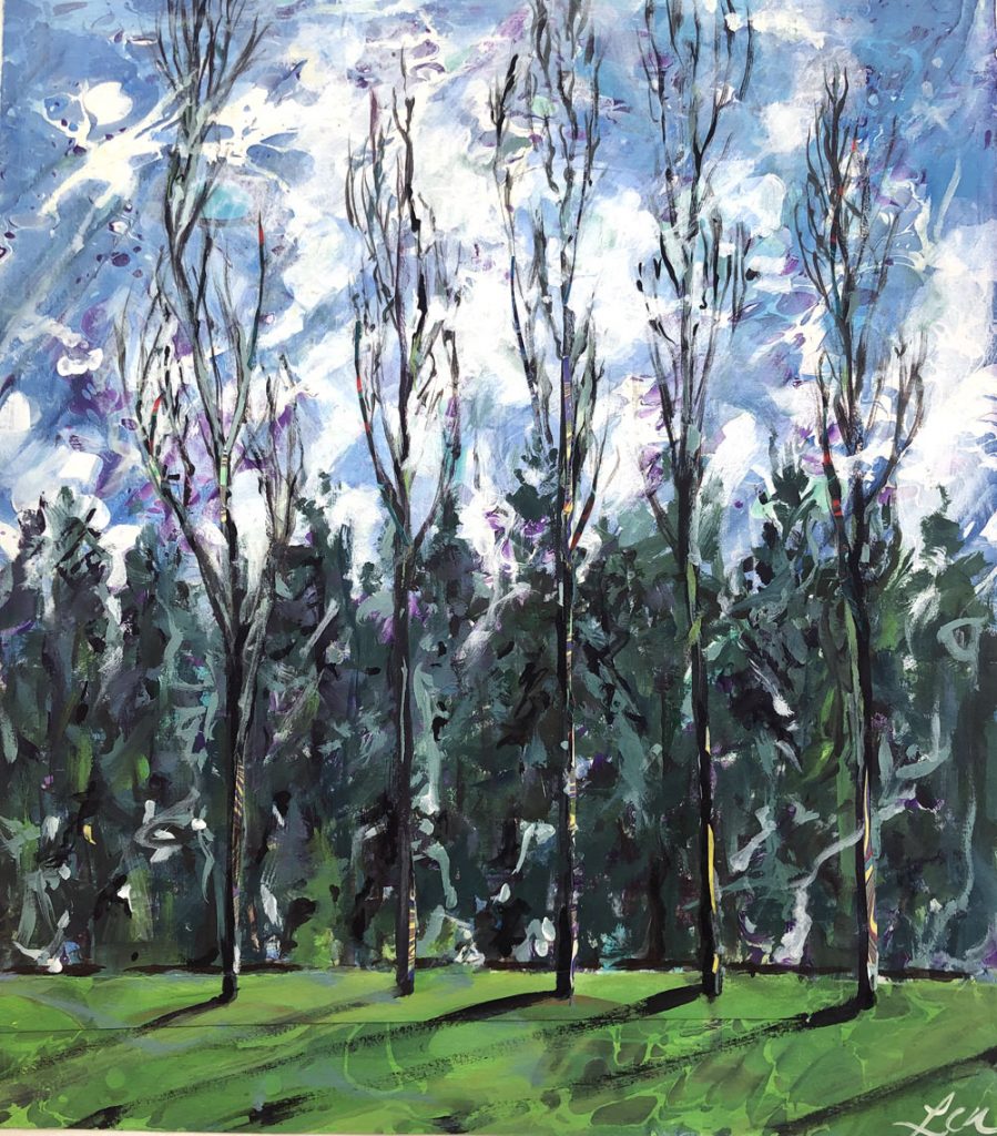 “Five Poplars” 19 5/16” x 17” Acrylic and marbled paper with collage 2020
