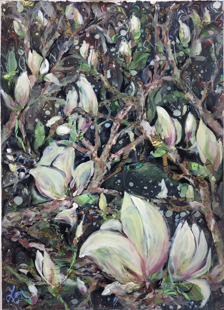 “Magnolia in Bloom” 26 3/4” x 19 3/8” Acrylic and marbled paper with collage 2021