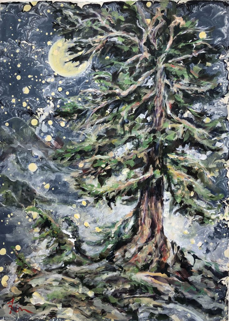 “Moonlit Hemlock” 26 7/8" x 19 3/8” Acrylic and marbled paper with collage 2021