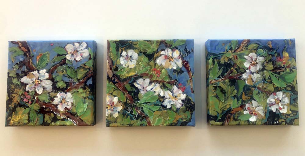 “Apple Blossom Triptych” Acrylic and marbled paper with collage 3 panels: 8” x 26” 2022