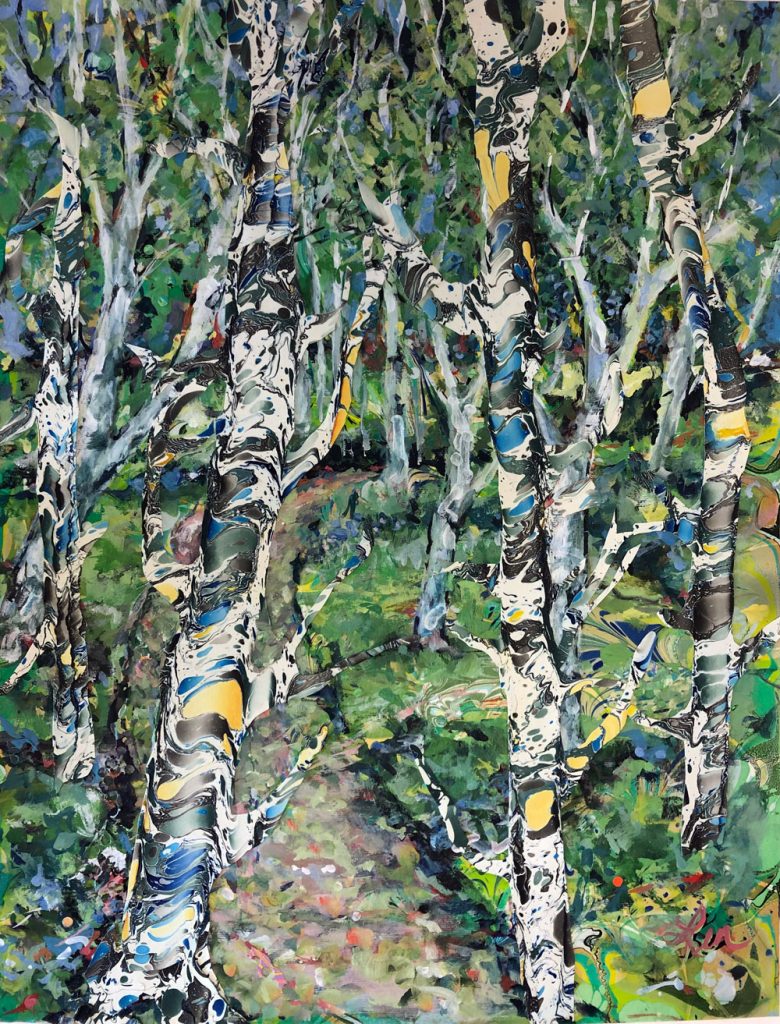 “Bloedel Birches” Acrylic and marbled paper with collage 27 5/8” x 20 5/8” 2022