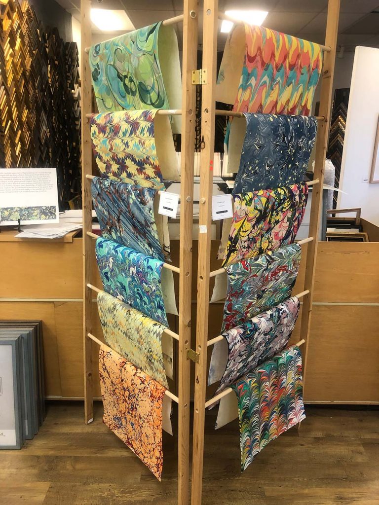 Marbled papers by Len Eisenhood, most about 22” x 30”, on display at Jeffrey Moose Gallery, $75 each.
