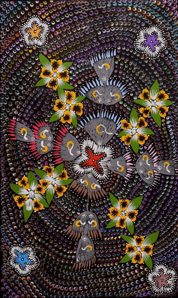 Ngurlu Jukurrpa (Native Seed Dreaming) Runa Napangardi Williams Acrylic on canvas 30” x 18”