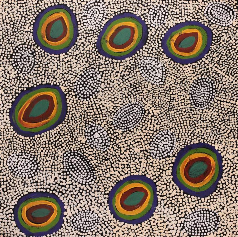 Purrpalanji (Skinny Bush Banana) Jukurrpa Nola Napangardi Fisher Acrylic on canvas 18” x 18”