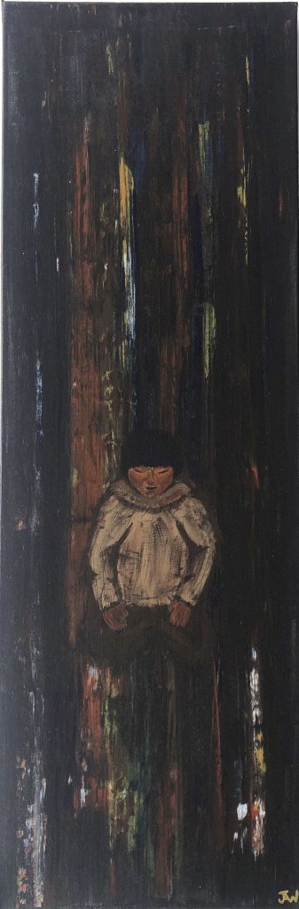 "Storyteller." Jennifer Angaiak Wood. Acrylic on canvas. 36"h x 12”w. 2022