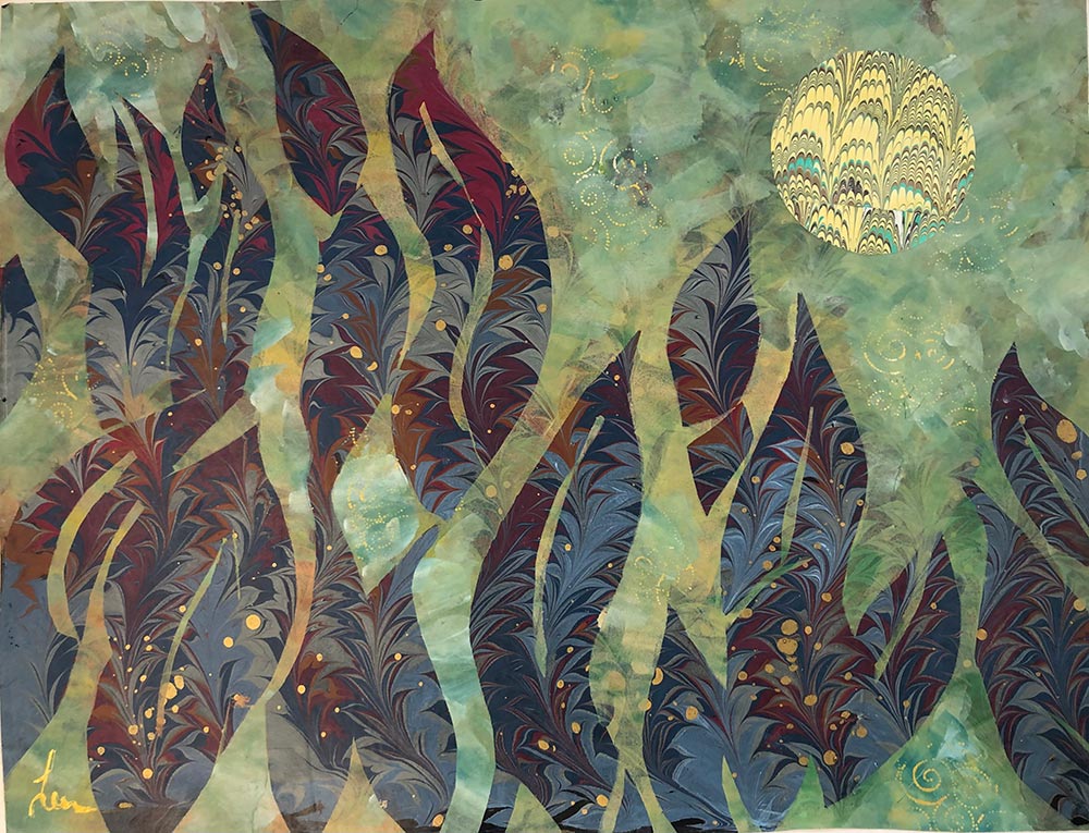 "Irresistible Foliage” Acrylic on artist-marbled paper 20 1/2” x 26 1/4”