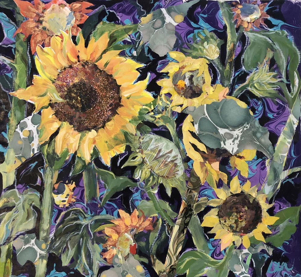 “Somewhere Sunflowers” Acrylic on artist-marbled paper 18 3/4” x 20 1/4” 2023