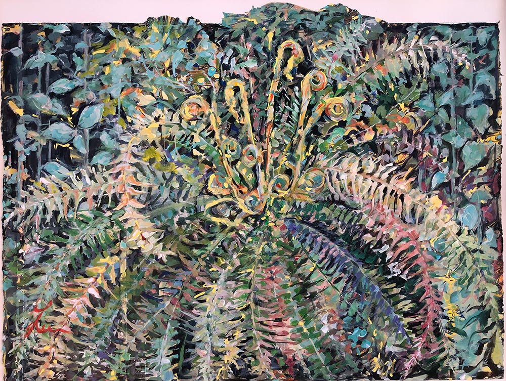 "Sword Fern - A Sign of Welcome" Acrylic on artist-marbled paper 20 3/4” x 27”