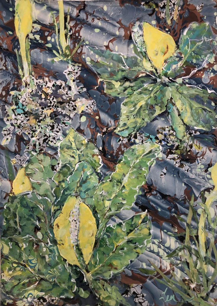 “Skunk Cabbage Glory” Acrylic on artist-marbled paper 26 1/4” 18 3/4” 2023