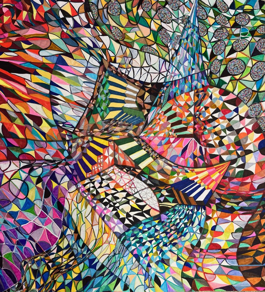“A Rabbit Hole for Alice” Markers, acrylic on oil 24” x 25”
