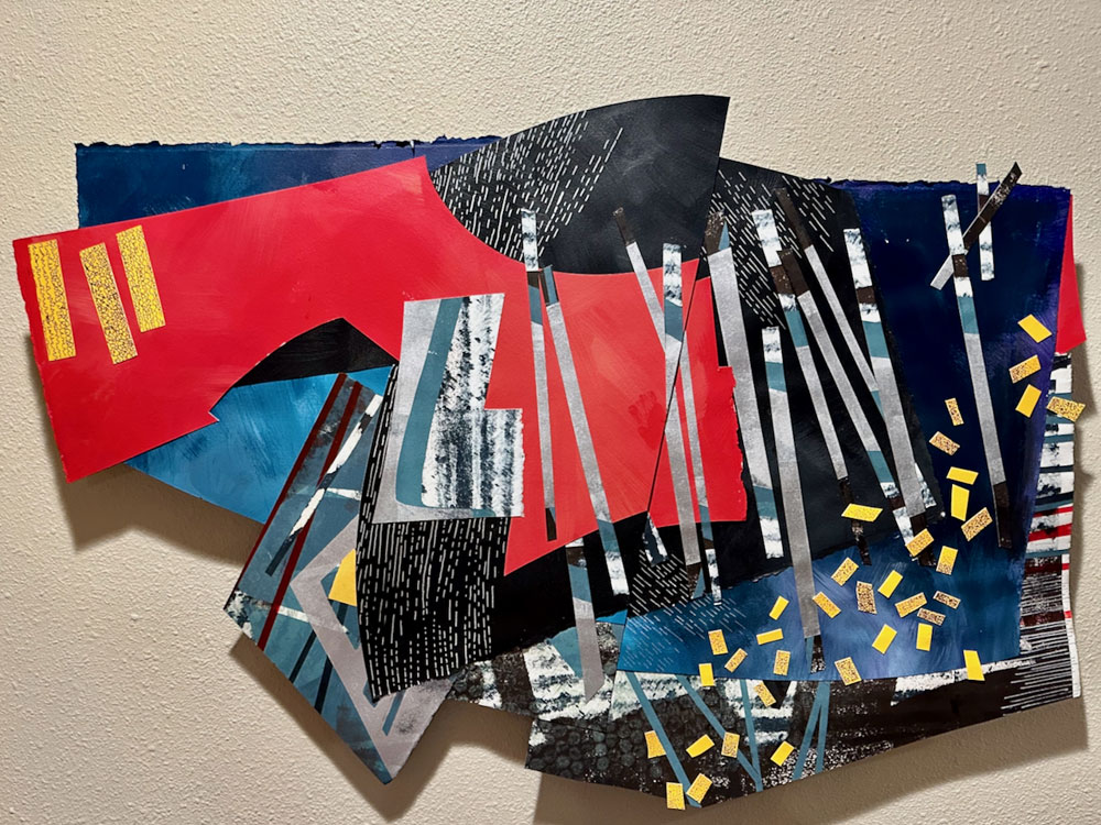 “A Fractured Day” collage on board: printed and painted paper, 20” x 30”