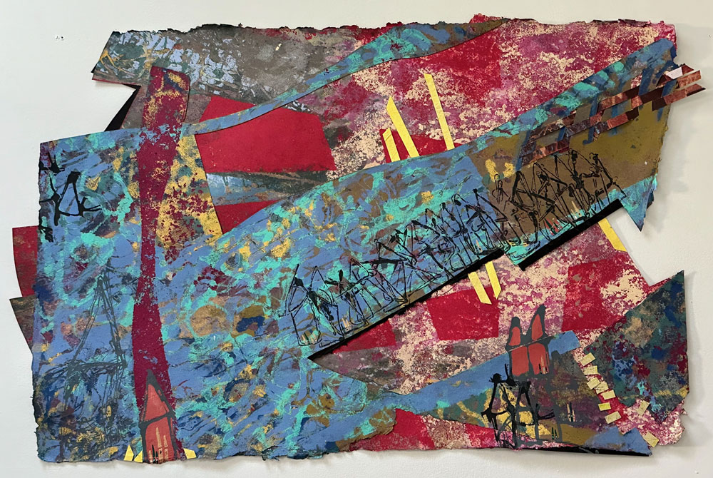 “Interferences” collage on board: handmade paper, printed paper, 24”m x 34”