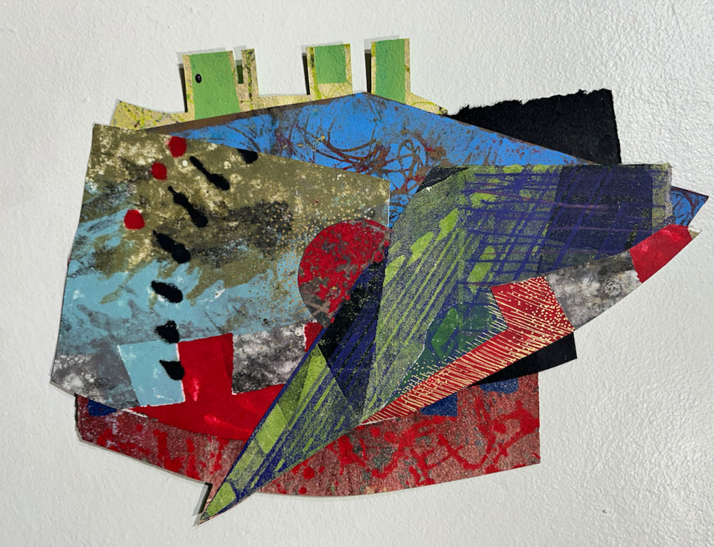 “It Rises Again” collage on board: paper pulp painting, printed paper, embellishments, 18” x 15”