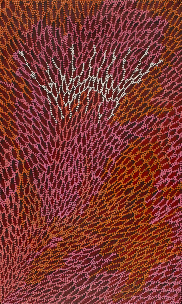 “Yuparli Jukurrpa (Bush Banana Dreaming)” Drusilla Nangala Spencer Acrylic on canvas 30” x 18”