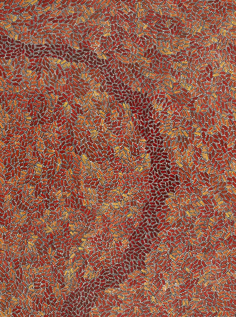 “Warlukurlangu Jukurrpa (Fire country Dreaming) Nathania Nangala Granites Acrylic on canvas 48” x 36”