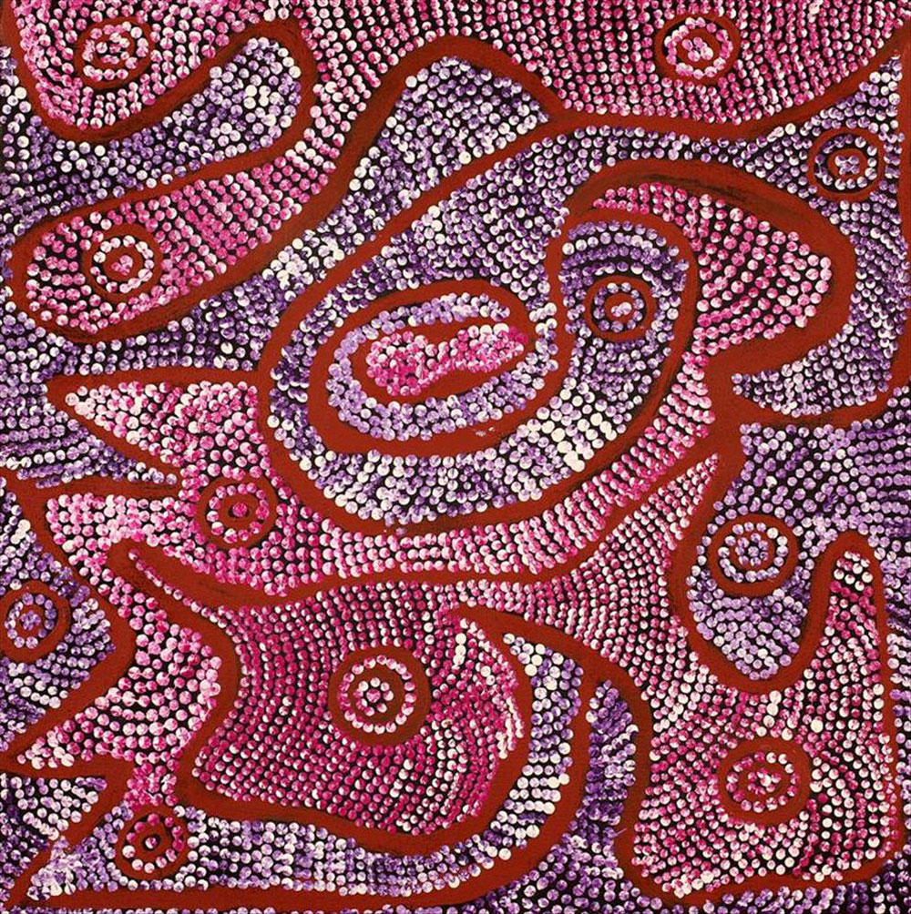 “Warlukurlangu Jukurrpa (Fire country Dreaming)” Tess Napaljarri Ross Acrylic on canvas 18” x 18”