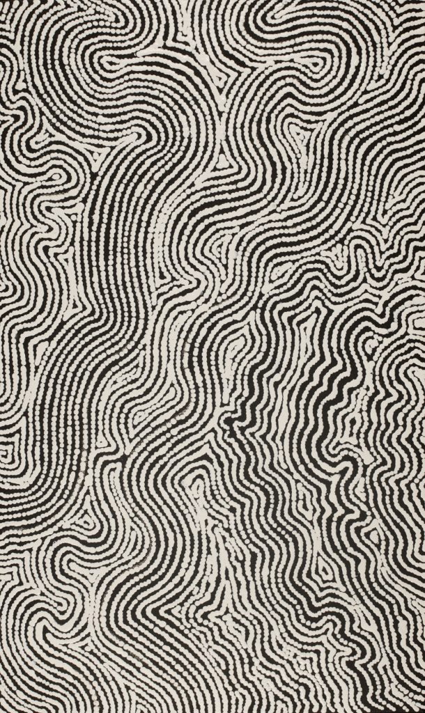 “Ngalyipi Jukurrpa (Snakevine Dreaming) - Mina Mina” Valda Napangardi Granites Acrylic on canvas 30” x 18”