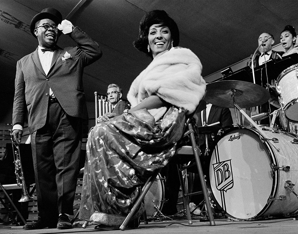 “Jazz Ambassadors: Louis Armstrong, Dave Brubeck and Carmen McRae, Monterey Jazz Festival, 1962” Jerry Stoll Black and white photograph 14”x11”