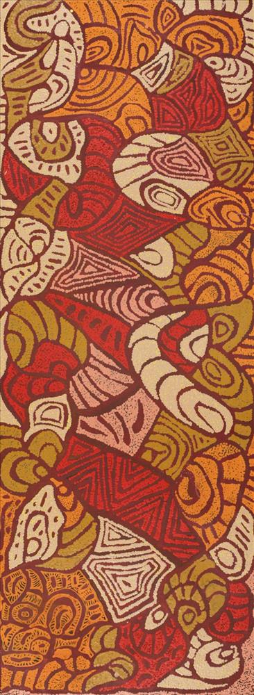 “Lukarrara Jukurrpa/ Desert Fringe-rush Seed Dreaming” © Margarina Napanangka Miller 2024 Acrylic on canvas, 48”x18”