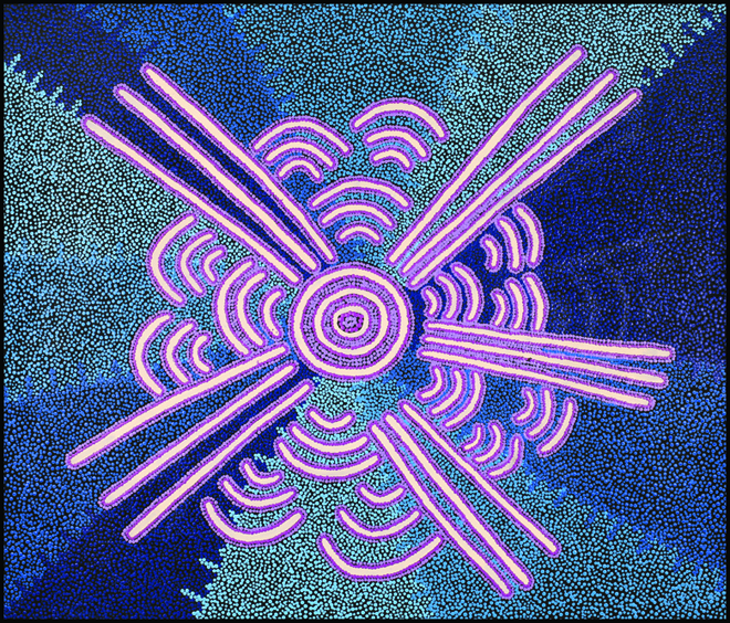 “Lukarrara Jukurrpa/ Desert Fringe-rush Seed Dreaming” © Valentine Nkamarra White 2022 Acrylic on canvas, 42”x36”
