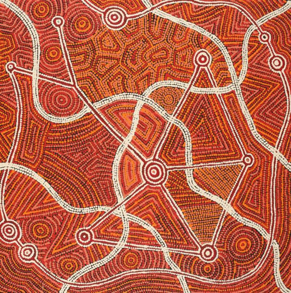 ”Npaljarri-Warnu Jukurrpa/ Seven Sisters Dreaming” © Shanna Napanangka Williams 2025 Acrylic on canvas, 24”x24