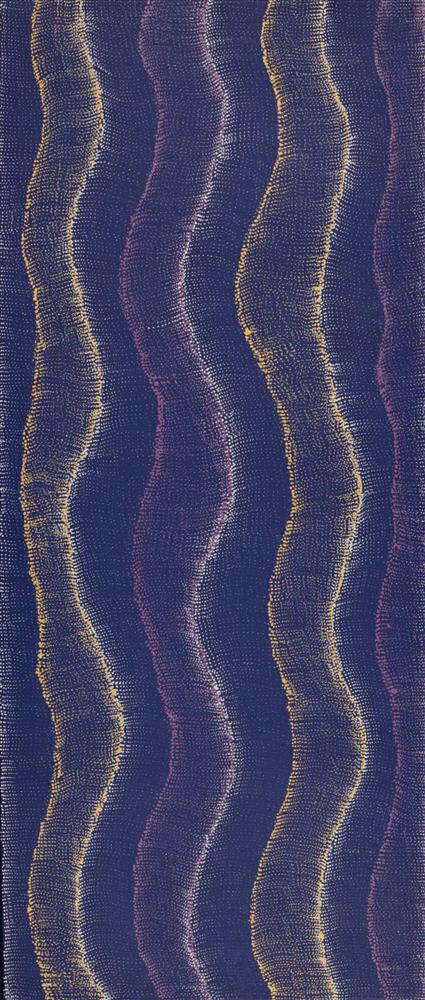 “Wanakiji Jukurrpa/Bush Tomato Dreaming” © Debbie Npaljarri Brown 2024 Acrylic on canvas, 42”x18”